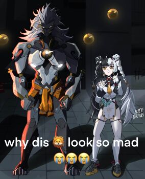 1boy 1girl banyue_(zenless_zone_zero) black_hair breasts detached_sleeves dialyn_(zenless_zone_zero) dicedraws dress highres humanoid_robot mechanical_arms medium_breasts multicolored_hair robot signature split-color_hair thighhighs white_dress white_hair white_thighhighs yellow_eyes zenless_zone_zero