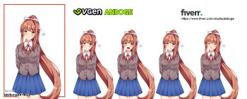 1girl abiboge absurdres arms_behind_back blue_skirt bow breasts brown_hair brown_jacket closed_eyes commentary doki_doki_literature_club english_commentary green_eyes hair_bow hair_intakes highres jacket large_breasts long_hair miniskirt monika_(doki_doki_literature_club) multiple_expressions open_mouth pleated_skirt ponytail skirt smile very_long_hair