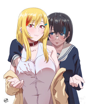 2girls absurdres black_hair blonde_hair blue_eyes blue_hair blue_serafuku blue_shirt blush breasts brown_jacket choker commentary dress_shirt ear_piercing english_commentary glasses groping hair_ornament hairclip hand_under_clothes highres jacket large_breasts multicolored_hair multiple_girls mutsuki_(mutsuki0110) open_clothes open_jacket original piercing red_choker red_hair round_eyewear sailor_collar school_uniform serafuku shirt simple_background streaked_hair sweatdrop tongue_piercing white_background white_sailor_collar white_shirt yuri
