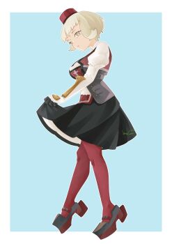 1girl aqua_background black_skirt blonde_hair commentary_request full_body gloves grey_eyes hat highres juliet_sleeves kantai_collection long_sleeves norge_(kancolle) pantyhose puffy_sleeves red_hat shirt short_hair skirt skirt_hold solo white_gloves white_shirt yama_(yam0a)