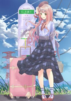 1girl adjusting_eyewear bad_id bad_pixiv_id bag beret blue-framed_eyewear blue_shirt blue_skirt blue_sky blue_socks bow bowtie brown_eyes brown_hat brown_shoes cloud collared_shirt commentary_request corset day dot_nose eyewear_on_head floating_clothes floating_hair full_body glasses grass grey_bag grey_corset grey_shawl hand_on_eyewear handbag happy hat high-waist_skirt holding holding_bag light_blush long_hair long_sidelocks long_sleeves looking_at_viewer medium_skirt miracle_nikki miyama_leaves nikki_(nikki) nikki_(series) open_mouth outdoors pink_hair plaid_clothes plaid_shawl plaid_skirt pleated_skirt power_lines radio_tower red_bow red_bowtie road shadow shawl shirt shoes sidelocks sign skirt sky sleeve_cuffs smile socks solo standing street suitcase tareme very_long_hair wavy_hair wind youth_poem_(miracle_nikki)