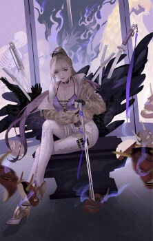 1girl bai_yi_(path_to_nowhere) bare_shoulders bikini bikini_top_only black_gloves blue_eyes bodysuit breasts choker cleavage commentary_request commission crossed_legs distant_reconciliation fingerless_gloves gloves grey_bodysuit grey_hair halterneck high_heels high_ponytail highres jacket large_breasts leggings looking_at_viewer mask multiple_swords off_shoulder parted_lips path_to_nowhere ponytail purple_bikini sidelocks single_bare_shoulder sitting solo swimsuit sword weapon white_leggings