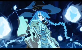 1girl absurdres blue_eyes blue_hair bow braid brown_capelet capelet casting_spell cryokinesis dungeon dusk_ming hair_bow hat highres looking_at_viewer mage_staff mushoku_tensei one_eye_covered roxy_migurdia staff twin_braids witch_hat