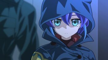 Rule 34 | 1boy, 1girl, barrett (yu-gi-oh!), blue hair, blurry, blurry background, closed mouth, commentary request, green eyes, hair between eyes, hood, hood up, hooded coat, kura (xxcracy), looking at viewer, out of frame, serena (pokemon), upper body, yu-gi-oh!, yu-gi-oh! arc-v