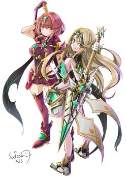 2girls aegis_sword_(xenoblade) breasts large_breasts multiple_girls mythra_(xenoblade) pyra_(xenoblade) simple_background sofusan1526 white_background xenoblade_chronicles_(series) xenoblade_chronicles_2