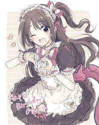 Rule 34 | 1girl, ;d, apron, back bow, baran. (ba ra ran), black dress, blush, border, bow, bowtie, brown background, brown eyes, brown hair, commentary request, cowboy shot, dated, dress, english text, frilled apron, frilled dress, frills, hair bow, happy birthday, heart, heart hands, highres, idolmaster, idolmaster cinderella girls, idolmaster cinderella girls starlight stage, looking at viewer, maid, maid headdress, one eye closed, one side up, open mouth, outside border, red bow, red bowtie, shimamura uzuki, smile, teeth, upper teeth only, white apron, white border, white bow, white bowtie