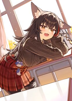 1girl :d absurdres ahoge animal_ear_fluff animal_ears aran_sweater black_hair black_pantyhose brown_sweater cable_knit classroom collared_shirt deaver flipped_hair hair_ornament hairclip highres hololive indoors long_hair looking_at_viewer miniskirt multicolored_hair necktie official_alternate_costume ookami_mio ookami_mio_(10th_costume) open_mouth pantyhose plaid_clothes plaid_skirt pleated_skirt red_hair red_skirt shirt short_necktie sidelocks skirt smile solo spiked_hair streaked_hair sweater sweater_tucked_in tail tail_around_own_leg very_long_hair virtual_youtuber wolf_ears wolf_girl wolf_tail yellow_eyes yellow_necktie