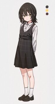 Rule 34 | 1girl, aged down, arms behind back, black dress, black hair, checkered clothes, checkered dress, color guide, commentary request, dress, highres, idolmaster, idolmaster shiny colors, ikaruga luca, long sleeves, looking at viewer, medium hair, qaqyes re, shirt, simple background, sleeveless, sleeveless dress, socks, solo, white shirt, yellow eyes