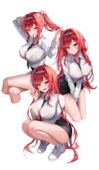 1girl 4q_(lokcy516) absurdres alternate_costume arm_under_breasts between_breasts between_legs black_bra black_necktie black_skirt blush bra bra_visible_through_clothes breasts button_gap buttons cleavage closed_mouth collared_shirt commentary commentary_request cropped_legs goddess_of_victory:_nikke green_hairband grin hair_intakes hair_tie_in_mouth hairband hand_between_legs hand_up headband high_ponytail highres incredibly_absurdres large_breasts legs long_hair long_sleeves looking_at_viewer miniskirt mouth_hold multiple_views necktie necktie_between_breasts office_lady open_mouth pencil_skirt ponytail rapi_(nikke) rapi_(red_hood)_(nikke) rapi_(red_hood)_(red_flavor)_(nikke) red_eyes red_hair shirt shoes sidelocks simple_background sitting skirt smile socks squatting star_(symbol) sweat teeth thighs underwear v very_long_hair white_background white_shirt white_shoes white_socks