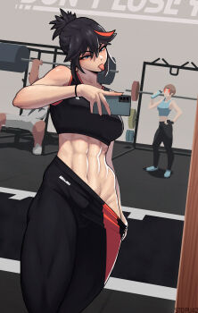1boy 2girls abs absurdres barbell black_hair blue_eyes bottle brown_hair cellphone clothes_pull exercising gamagoori_ira glowing glowing_eyes groin gym highres kill_la_kill mankanshoku_mako matoi_ryuuko mirror mirror_selfie multicolored_hair multiple_girls muscular muscular_female no_panties pants pants_pull phone red_hair selfie smartphone sports_bra stopu toned tongue tongue_out water_bottle