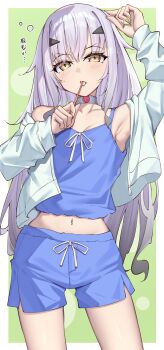 1girl absurdres armpits blue_shorts breasts brown_eyes brushing_teeth commentary_request fate/grand_order fate_(series) forked_eyebrows grey_hair highres jacket long_hair melusine_(fate) midriff navel shorts sleepwear small_breasts toukan white_jacket