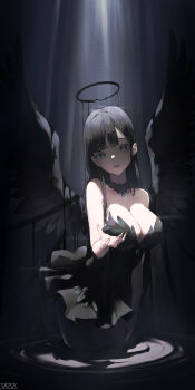 Rule 34 | 1girl, absurdres, angel, angel wings, bare legs, bare shoulders, black collar, black dress, black hair, black halo, black liquid, black wings, breasts, broken halo, brown eyes, cleavage, collar, commentary, dark background, darkness, detached collar, dress, english commentary, feathered wings, frilled dress, frills, halo, hand on own chest, hand up, head tilt, highres, korean commentary, large breasts, light trail, long hair, looking at viewer, mixed-language commentary, open mouth, original, shaded face, short dress, sleeveless, sleeveless dress, solo, spotlight, standing, straight hair, strapless, strapless dress, vam (js vam), very long hair, wading, wings