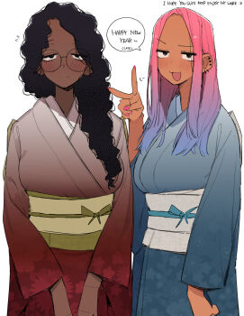 2girls black_hair blue_hair blue_kimono blush broccoli_(ohasi) commentary dark-skinned_female dark_skin english_commentary english_text fingernails floral_print floral_print_kimono glasses gradient_clothes gradient_hair gradient_kimono half-closed_eyes hand_up happy_new_year highres japanese_clothes kimono kinky_hair long_fingernails long_hair multicolored_hair multiple_girls nail_polish new_year ohasi open_mouth original pink_(ohasi) pink_hair pink_nails print_kimono red_kimono round_eyewear smile speech_bubble v v-shaped_eyebrows very_dark_skin
