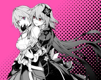 2girls aqua_eyes batacchi_(mashimashi_butter) commentary_request dotted_background dress dual_persona evernight_(honkai:_star_rail) flower gloves greyscale_with_colored_background hair_flower hair_ornament honkai:_star_rail honkai_(series) hug hug_from_behind juliet_sleeves long_hair long_sleeves march_7th_(honkai:_star_rail) multicolored_eyes multiple_girls parted_lips pleated_skirt puffy_sleeves red_eyes skirt two-tone_eyes very_long_hair yuri