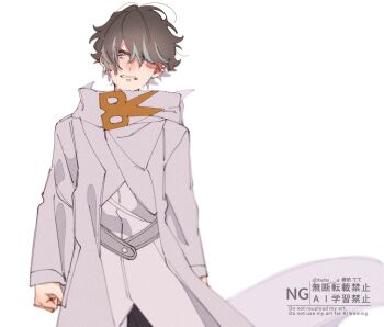 aoi_tete belt clenched_hand cloak closed_eyes closed_mouth crying earrings gradient_hair grey_jacket highres hoop hoop_earrings jacket jewelry jogi_(precure) kazuma_(precure) kimi_to_idol_precure long_sleeves mature_male multicolored_hair parted_bangs precure scissors short_hair teardrop tearing_up tears twitter_username upper_body watermark wind