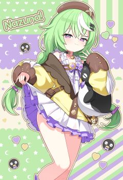 1girl :3 absurdres badge bell beret braid brown_jacket button_badge character_name closed_mouth clothes_lift dated_commentary dress dress_lift english_text frilled_dress frills green_hair hair_ornament hairclip hat highres jacket jingle_bell long_hair looking_at_viewer low_twin_braids multicolored_hair narrowed_eyes nazuna_(stella_sora) neck_bell purple_dress sherlock_(stella_sora) sleeves_past_wrists smile smug solo standing stella_sora streaked_hair twin_braids very_long_hair white_dress white_hair yellow_jacket zara_(artist)