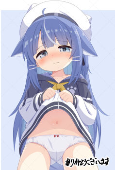 1girl ahoge animal_ears beret blue_background blue_eyes blue_hair blush borrowed_character bow bow_panties cat_ears cat_girl closed_mouth clothes_lift collarbone commentary_request cowboy_shot crotch_seam from_below hair_ornament hairclip hat highres hood hood_down hooded_jacket jacket jacket_lift lifting_own_clothes loli long_hair long_sleeves looking_at_viewer mogura2009 navel nia_(ayanepuna) no_pants nose_blush original panties paw_print print_jacket simple_background solo underwear watermark watermark_grid white_hat white_panties
