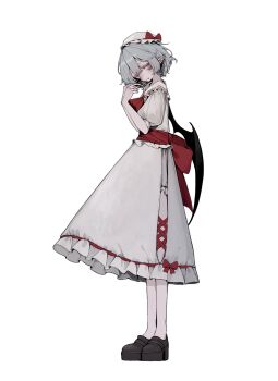 1girl back_bow bat_wings blue_hair bow commentary dress from_side full_body hat highres ika_(35513985) loafers looking_at_viewer mob_cap pointy_ears red_bow remilia_scarlet shoes short_hair simple_background solo standing touhou white_background white_dress white_hat wings