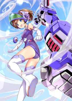 1girl aoki_ryuusei_spt_layzner blue_eyes boots brown_hair clenched_hands clip_studio_paint_(medium) comicstudio elbow_gloves flying from_below gloves kashi layzner looking_down mecha_musume nanachi_maachi official_art photoshop_(medium) school_swimsuit sun_musume:_girl&#039;s_battle_bootlog sunrise_(company) swimsuit thigh_boots thighhighs