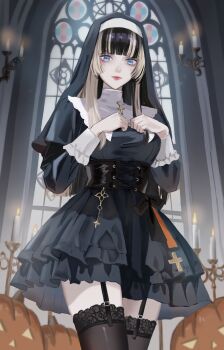 1girl absurdres alternate_costume black_coif black_corset black_dress black_hair black_thighhighs blonde_hair blue_eyes blunt_bangs breasts candle candlestand closed_mouth commentary_request corset cross-laced_clothes cross-laced_corset dhbwinner dress frilled_dress frills garter_straps guimpe halloween hands_on_own_chest high_collar highres hime_cut hololive hololive_dev_is indoors jack-o&#039;-lantern juufuutei_raden lace lace-trimmed_thighhighs lace_trim lips long_hair long_sleeves looking_at_viewer multicolored_hair nun puritan_collar red_lips rosary short_dress sleeve_cuffs solo streaked_hair thighhighs two-tone_hair virtual_youtuber