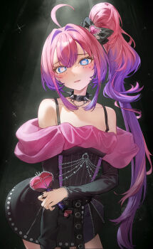 Rule 34 | 1girl, absurdres, ahoge, backlighting, bare shoulders, black dress, blue eyes, blush, bow, collar, collarbone, commentary request, dress, hair between eyes, hair bow, hair intakes, hair ornament, heart, heart-shaped pupils, highres, holding, hololive, kikirara vivi, kikirara vivi (flowglow uniform), long hair, long sleeves, looking at viewer, multicolored hair, oeuia, off-shoulder dress, off shoulder, official alternate costume, open mouth, pink hair, purple hair, simple background, solo, spiked collar, spikes, standing, symbol-shaped pupils, two-tone hair, very long hair, virtual youtuber