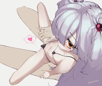 1boy 1girl absurdres bikini black_bikini blue_archive blush bramoncrepe breasts brown_eyes covered_erect_nipples from_above hair_ornament hair_over_one_eye hand_on_another&#039;s_thigh heart hetero highres hoshino_ruri kanoe_(blue_archive) loli long_hair looking_at_viewer micro_bikini navel on_lap one_eye_covered sitting sitting_on_person small_breasts spoken_heart spread_legs stomach swimsuit thighs twintails variant_set very_long_hair