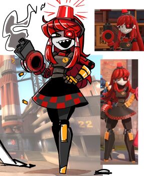 1girl 3d :d absurdres alarm_siren android arm_cannon black_dress borrowed_character checkered_trim commentary crosshair_pupils dress english_commentary fewer_digits game_screenshot_background glowing glowing_eye hand_on_own_hip heterochromia highres joints long_hair looking_at_viewer mechanical_legs mimi-sentry_(flyingpiggles) no_feet open_mouth peargor personification red_eyes red_hair reference_inset robot_girl robot_joints screenshot_background sharp_teeth sidelocks smile standing team_fortress_2 teeth upper_body v-shaped_eyebrows weapon yellow_eyes