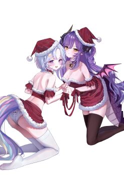Rule 34 | 2girls, absurdres, ayatsuno yuni, bare shoulders, bell, black thighhighs, breasts, choigoli, closed mouth, commentary request, dragon girl, dragon horns, dragon tail, dragon wings, grey hair, hat, highres, horns, interlocked fingers, kneeling, korean commentary, large breasts, long hair, looking at viewer, multicolored hair, multicolored tail, multiple girls, neck bell, no shoes, panties, print panties, purple eyes, purple hair, red hat, sakihane huya, santa hat, short hair, simple background, stellive, sweat, tail, thighhighs, underwear, virtual youtuber, white background, white panties, white thighhighs, wings, yellow eyes, zettai ryouiki