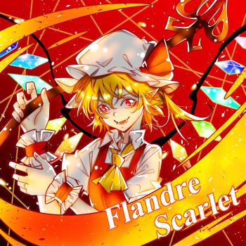 1girl ascot blonde_hair character_name collared_shirt commentary crystal crystal_wings fang flandre_scarlet hat hat_ribbon highres laevatein_(touhou) looking_at_viewer mob_cap open_mouth puffy_short_sleeves puffy_sleeves red_eyes red_vest ribbon shirt short_hair short_sleeves side_ponytail smile solo touhou upper_body vest white_shirt wings wrist_cuffs yellow_ascot yuya_(euky8335)