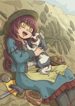 1girl :d ammonite animal animal_on_lap animal_skeleton apron aqua_jacket aqua_skirt black_boots blonde_hair boots brown_hair collared_shirt dirty dirty_clothes dog dog_on_lap fangs fate/grand_order fate_(series) feet_out_of_frame fossil frilled_skirt frills game_cg green_apron green_hat hat head_tilt holding holding_animal jacket long_hair mary_anning_(fate) mary_anning_(second_ascension)_(fate) medium_skirt official_art on_lap open_clothes open_jacket open_mouth petting pickaxe riyo_(lyomsnpmp) shirt sitting skirt sleeve_cuffs slit_pupils smile solo spaniel_(dog) straw_hat third-party_source tongue waist_apron white_shirt wing_collar