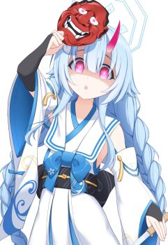 1girl :o arm_at_side arm_up bare_shoulders black_bridal_gauntlets black_sash blue_archive blue_bow blue_hair blue_halo blunt_bangs bow braid bridal_gauntlets center-flap_bangs chise_(blue_archive) commentary cowboy_shot detached_sleeves fighting_stance glowing glowing_eyes halo highres holding holding_knife holding_mask horns japanese_clothes kimono knife long_hair long_sleeves looking_at_viewer mask oni oni_mask open_mouth red_eyes red_horns sailor_collar sash school_uniform serafuku shaded_face simple_background skin-covered_horns sleeveless sleeveless_kimono solo tareme twin_braids very_long_hair white_background white_kimono white_sailor_collar wide_sleeves yamichi_(yamichi8369)