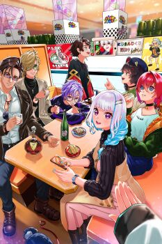 3girls 5boys :d absurdres ahoge alcohol ange_katrina ange_katrina_(5th_costume) animal_ears ankle_boots aqua_eyes arm_rest ars_almal ars_almal_(1st_costume) artist_name belmond_banderas belmond_banderas_(9th_costume) belt beret black_choker black_shirt black_sweater blonde_hair blue_eyes blue_hair blue_hat blue_nails blue_pants blurry blurry_background booth_seating boots bottle bracelet braid breasts brown_belt brown_boots brown_dress brown_eyes brown_hair brown_jacket cellphone choker choko_(cup) coat collarbone collared_shirt commentary_request crossed_bangs cup curtained_hair denim depth_of_field dog dog_ears dress dress_over_shirt drinking_glass eyewear_hang flower food food_request fuwa_minato fuwa_minato_(4th_costume) gashapon glass_bottle gradient_hair green-tinted_eyewear green_jacket grey-framed_eyewear grey_coat grin group_picture hair_between_eyes hair_flower hair_ornament hair_over_one_eye hair_over_shoulder hairpin hand_up hat heart heart_in_eye highres higuchi_kaede higuchi_kaede_(1st_costume) holding holding_cup holding_phone index_finger_raised indoors inui_toko inui_toko_(fall_casual) jacket jeans jewelry kuroi_shiba kuzuha_(1st_costume)_(nijisanji) kuzuha_(nijisanji) kyoufuu_all_back_(vocaloid) lapels leaning_forward leather leather_jacket lize_helesta lize_helesta_(5th_costume) long_bangs long_hair long_sleeves looking_at_viewer looking_over_eyewear mayuzumi_kai mayuzumi_kai_(1st_costume) mole mole_under_eye multicolored_hair multiple_boys multiple_girls multiple_hairpins multiple_rings nail_polish nijisanji notched_lapels oliver_evans oliver_evans_(2nd_costume) open_clothes open_coat open_jacket open_mouth orange_jacket out_of_frame pants parted_lips partially_unbuttoned pendant pendant_choker phone pink_dress pov pov_hands purple-tinted_eyewear purple_eyes purple_hair purple_jacket quilted_jacket rectangular_eyewear red_hair red_sleeves restaurant ring round_eyewear saegusa_akina sanbaka_(nijisanji) semi-rimless_eyewear shirt short_hair sidelocks single_braid single_ear_down single_hair_intake sitting small_breasts smartphone smile strapless strapless_dress streaked_hair sunglasses sweater symbol_in_eye table teeth three-quarter_sleeves tinted_eyewear tokishima_sikuka translation_request turtleneck turtleneck_sweater two-sided_fabric two-sided_jacket two-tone_dress two-tone_hair unworn_eyewear upper_teeth_only virtual_youtuber watch white_hair white_shirt wristwatch