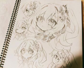 1girl ;) blush closed_mouth commentary_request cropped_shoulders cross-shaped_pupils finger_to_mouth from_side genshin_impact graphite_(medium) hair_between_eyes hair_ornament hand_up hands_up highres long_hair multiple_views nahida_(genshin_impact) oishii_sasa one_eye_closed photo_(medium) pointy_ears side_ponytail smile symbol-shaped_pupils traditional_media