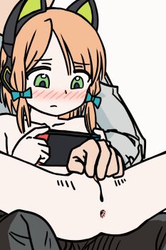 1boy 1girl animal_ear_headphones animal_ears animated animated_gif anus blue_archive blush cat_ear_headphones cat_ears cleft_of_venus clitoral_hood clitoral_stimulation clitoris contractions drifter fake_animal_ears green_eyes handheld_game_console headphones highres holding holding_handheld_game_console loli midori_(blue_archive) nintendo nintendo_switch nude playing_games pussy pussy_play sitting sitting_on_lap sitting_on_person solo_focus source_request tagme uncensored