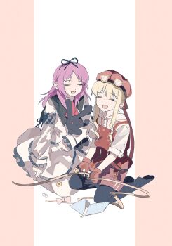 2girls asprosgy blonde_hair curtained_hair eiyuu_densetsu falcom goggles hair_ribbon hashtag-only_commentary highres laughing multiple_girls necktie open_mouth overalls pink_shorts plaid_clothes plaid_necktie purple_hair red_overalls renne_(eiyuu_densetsu) ribbon shorts simple_background smile sora_no_kiseki stuffed_animal stuffed_rabbit stuffed_toy tita_russell tool_belt