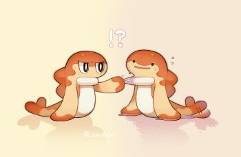 !? ? akadako animal_focus bright_pupils commentary_request ditto full_body gen_1_pokemon looking_at_another nintendo no_humans open_mouth pokemon pokemon_(creature) pulling simple_background solid_circle_eyes tatsugiri tatsugiri_(curly) transformed_ditto white_pupils