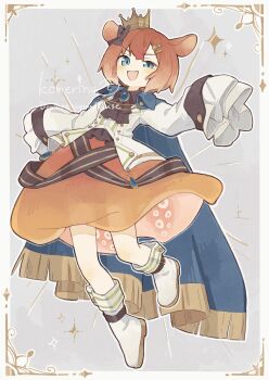 1boy :d absurdres ankle_boots artist_name ascot black_ascot black_bow black_ribbon blue_cape blue_eyes blush boots border bow brooch cape commentary crossdressing crossdressing_(mtf) crown dot_nose frilled_ascot frills full_body gold_trim green_trim grey_background hair_between_eyes hair_bow hair_ornament hairclip hands_up highres jewelry komerina long_sleeves looking_at_viewer male_focus medium_hair mini_crown octopus_boy open_mouth orange_hair orange_skirt original ouji_fashion personification prince ribbon shirt sidelocks skirt sleeves_past_fingers sleeves_past_wrists smile smug solo star_(symbol) trap umbrella_octopus v-shaped_eyebrows watermark white_boots white_border white_shirt