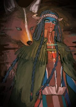 1boy black_hair blue_eyes bodypaint braid coat dark-skinned_male dark_skin facepaint facial_mark fake_horns fate/grand_order fate_(series) geronimo_(fate) geronimo_(third_ascension)_(fate) headdress highres horns jewelry long_hair looking_at_viewer male_focus multiple_braids native_american native_american_headdress open_clothes open_coat snorc21 solo very_long_hair wolf