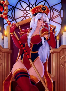 1girl hat looking_at_another red_eyes red_hat red_legwear red_lips sally_whitemane sienna_artwork staff thick_thighs thighs warcraft white_hair world_of_warcraft