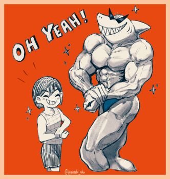 2boys abs artist_name checkered_clothes collarbone double-parted_bangs english_text flexing furry furry_male greyscale_with_colored_background hair_between_eyes highres ippaiotabe_mkw kel_(headspace)_(omori) kel_(omori) male_focus mr._jawsum multiple_boys muscular muscular_male omori orange_background shorts simple_background sparkle tank_top teeth twitter_username