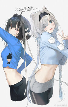 2girls ahoge alternate_costume arknights arm_up artist_name aurora_(arknights) bear_girl bear_hair_ornament bear_tail black_hair black_hairband black_pants black_pantyhose blue_eyes blue_hair blue_shirt breasts brown_eyes closed_mouth commentary cowboy_shot cropped_legs cropped_shirt dated dot_nose eyes_visible_through_hair gradient_hair grey_background grey_hair grey_shorts hair_intakes hair_ornament hair_over_one_eye hair_ribbon hairband hairclip hand_up la_pluma_(arknights) lal!role light_blush long_hair long_sleeves looking_at_viewer medium_breasts medium_hair midriff multicolored_hair multiple_girls navel official_artist_extra one_eye_closed one_side_up open_mouth pants pantyhose ribbon shirt short_shorts shorts signature simple_background small_breasts smile tail turning_head two-tone_hair untranslatable_commentary v very_long_hair watermark weibo_username weibo_watermark white_background white_ribbon