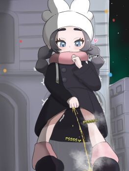 1girl ansha_(pokemon) blue_eyes blush closed_mouth female_focus grey_hair hat heart highres loli nintendo pee peeing pink_scarf pokemon pokemon_legends:_z-a scarf simesaba solo standing steam trembling twintails