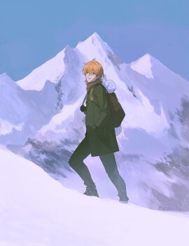 Rule 34 | 1boy, absurdres, ahoge, alternate costume, backpack, bag, black coat, black gloves, black pants, black shoes, blue sky, brown bag, brown scarf, clear sky, coat, commentary request, cowlick, dawn, double-parted bangs, fate/grand order, fate (series), full body, gloves, hand in pocket, highres, holding strap, korean commentary, looking at viewer, male focus, medium hair, mountain, mountain climbing, mountaintop, open mouth, orange hair, outdoors, pants, raised inner eyebrows, romani archaman, scarf, shoes, single hair intake, sky, smile, snow, solo, sumssingbo, towel, walking, winter, winter clothes