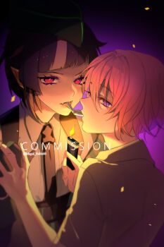 Rule 34 | 2boys, black hat, black necktie, cigarette, cigarette kiss, collared shirt, commentary, commission, diagonal bangs, english commentary, fangs, fire, grey shirt, hair between eyes, hat, highres, holding, holding hands, holding lighter, lighter, looking at viewer, male focus, mouth hold, multiple boys, necktie, open mouth, original, pink hair, purple background, purple eyes, purple hair, red eyes, shirt, short hair, yaoi, yukisaki mayui