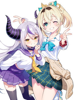 2girls ahoge alternate_costume black_thighhighs blonde_hair blue_skirt blush braid braided_bangs brown_cardigan brown_eyes brown_hairband cardigan cardigan_around_waist clothes_around_waist collared_shirt commentary demon_horns double_v dress_shirt grey_hair grin hair_between_eyes hairband hand_up high_ponytail highres hololive horns kazama_iroha kutata la+_darknesss long_hair looking_at_viewer loose_socks mauve multicolored_hair multiple_girls one_eye_closed pleated_skirt ponytail purple_hair purple_sailor_collar purple_skirt red_scrunchie sailor_collar scrunchie shirt shoes simple_background skirt smile socks streaked_hair thighhighs v very_long_hair virtual_youtuber white_background white_shirt white_shoes white_socks wrist_scrunchie