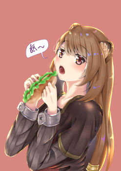 1girl animal_ear_fluff animal_ears brown_dress brown_hair commentary_request dress eating eyelashes food from_side gold_trim grey_dress hands_up harikonoma highres holding holding_food hot_dog layered_dress light_blush long_hair long_sleeves looking_at_viewer looking_to_the_side metal_arm_cuffs metal_hair_tubes open_mouth pink_background pinstripe_dress pinstripe_pattern raccoon_ears raccoon_girl raphtalia red_dress red_eyes short_sleeves simple_background solo speech_bubble straight_hair swept_bangs tate_no_yuusha_no_nariagari tongue translation_request two-tone_dress upper_body
