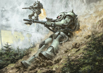 bird dust_cloud gun gundam highres jetpack looking_through_scope mecha mobile_suit mobile_suit_gundam pine_tree redrawn rifle robot shoulder_spikes sliding space_habitat spikes tree weapon youkoumori zaku_ii