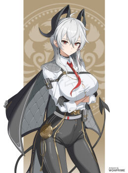 1girl absurdres ahoge arm_pouch artist_name black_gloves black_horns black_jacket black_pants black_tail breasts button_gap chest_harness closed_mouth collared_shirt commentary_request crossed_arms curled_horns demon_tail earrings gloves grey_hair hair_between_eyes harness high-waist_pants highres horns jacket jacket_on_shoulders jewelry key_earrings korean_commentary large_breasts long_hair looking_at_viewer necktie pants red_eyes red_necktie shirt shirt_tucked_in solo tail tight_clothes tight_pants white_shirt wonprime wuthering_waves zani_(wuthering_waves)