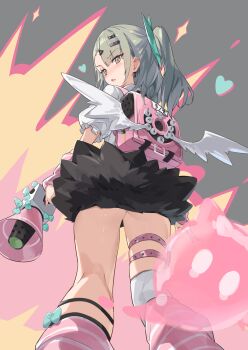 1girl arm_warmers ass bandaid bandaid_hair_ornament bitterpain black_skirt blush commentary commentary_request earrings english_commentary explosion feet_out_of_frame from_behind from_below fur-trimmed_skirt fur_trim green_eyes green_hair grey_background hair_ornament heart heart_hair_ornament highres holding holding_megaphone jewelry leg_warmers looking_at_viewer looking_back megaphone mixed-language_commentary multiple_hair_clips multiple_thigh_straps musical_note_earrings open_mouth pink_arm_warmers pink_bag pink_leg_warmers ponytail shirt simple_background skirt solo sparkle striped_arm_warmers striped_leg_warmers sunna_(zenless_zone_zero) thigh_strap white_shirt white_wings winged_bag wings zenless_zone_zero