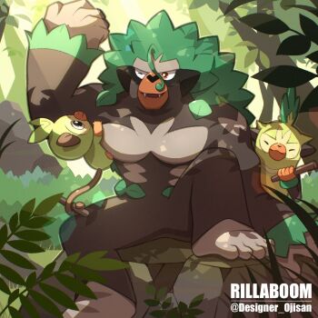 animal_focus artist_name character_name closed_eyes colored_skin designer_ojisan evolutionary_line fangs forest gen_8_pokemon gorilla green_hair green_skin grookey highres holding holding_stick leaf long_hair monkey nature nintendo no_humans on_rock one_eye_closed open_mouth pokemon pokemon_(creature) rillaboom rock sitting stick sunlight tail thwackey twitter_username
